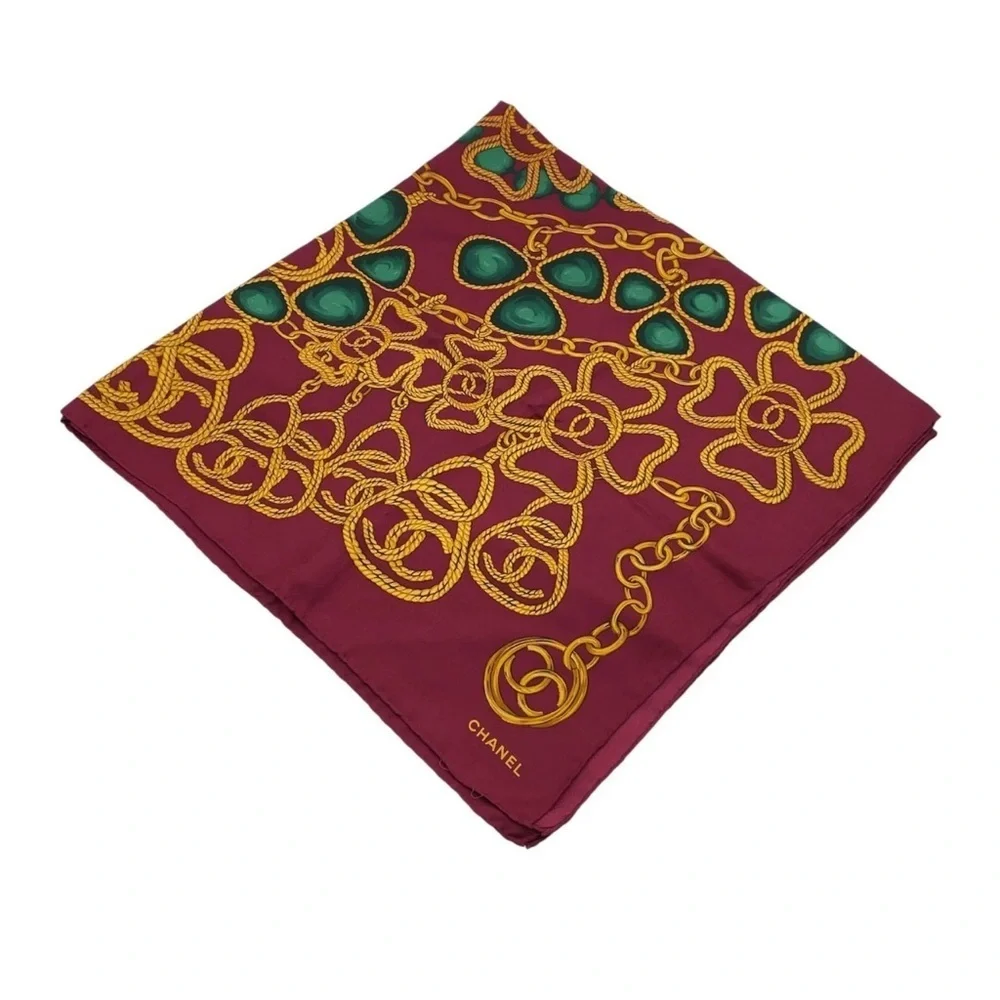 Auth Chanel gold chain and medallion design, Silk Scarf